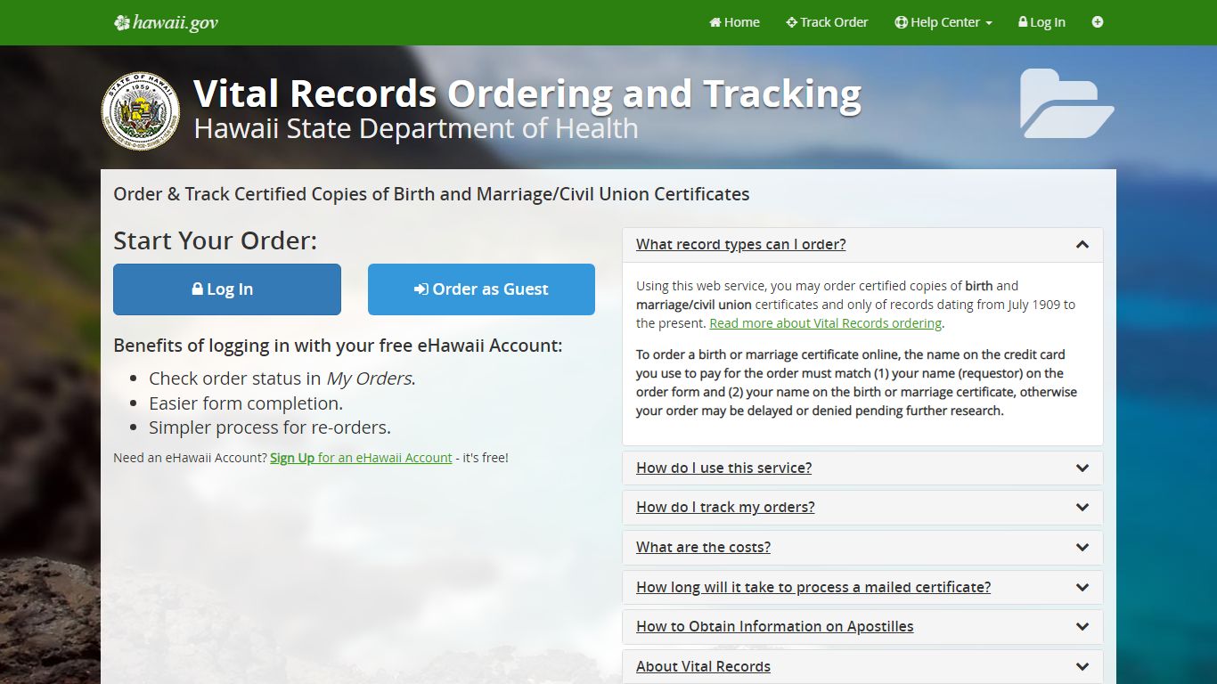 Vital Records Ordering and Tracking - Hawaii State Department of Health