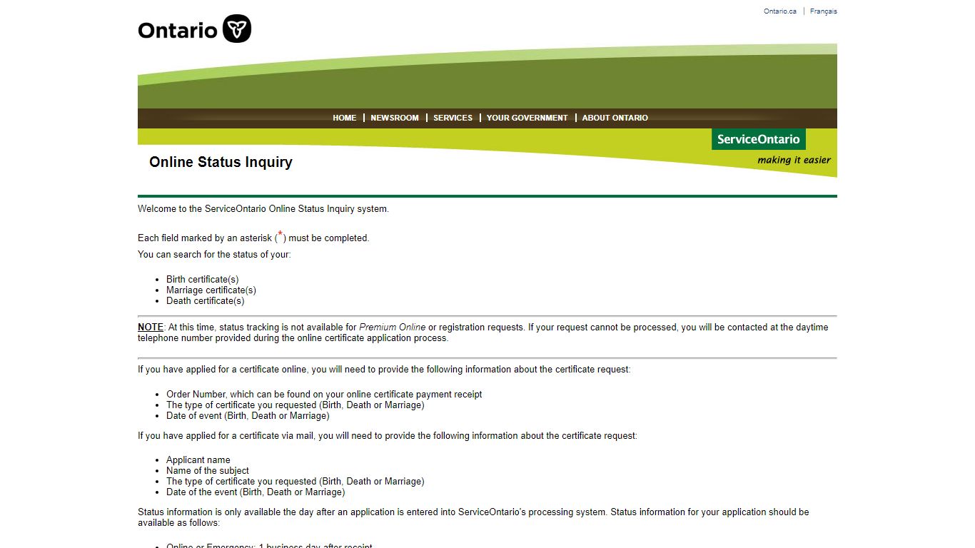 Online Status Inquiry - Welcome - Ontario